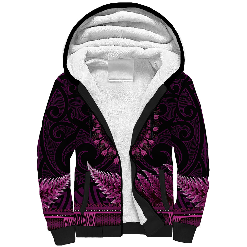 Pink African Dashiki With Aotearoa Maori Sherpa Hoodie Paua Shell Mix Silver Fern