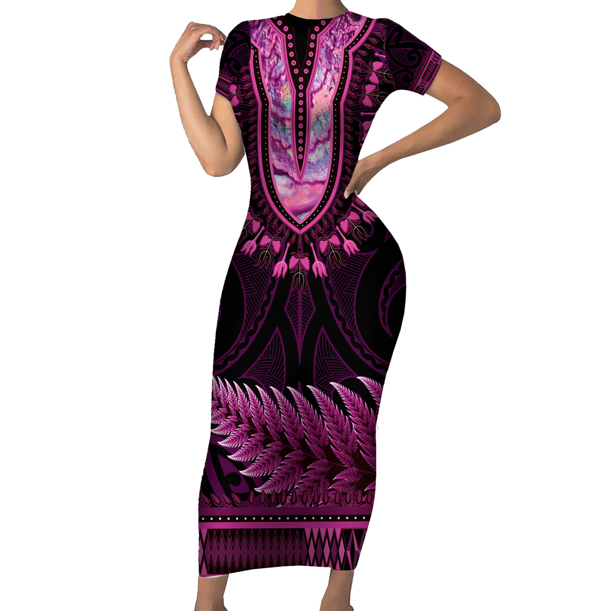 Pink African Dashiki With Aotearoa Maori Short Sleeve Bodycon Dress Paua Shell Mix Silver Fern LT14 Long Dress Pink - Polynesian Pride
