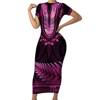 Pink African Dashiki With Aotearoa Maori Short Sleeve Bodycon Dress Paua Shell Mix Silver Fern LT14 Long Dress Pink - Polynesian Pride