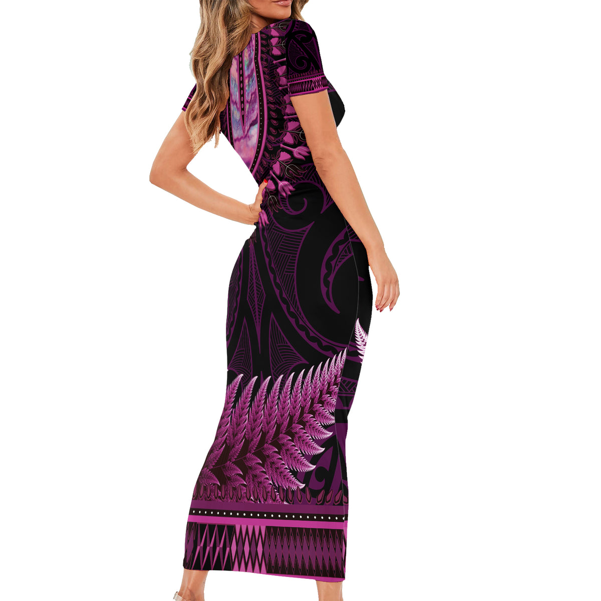 Pink African Dashiki With Aotearoa Maori Short Sleeve Bodycon Dress Paua Shell Mix Silver Fern LT14 - Polynesian Pride