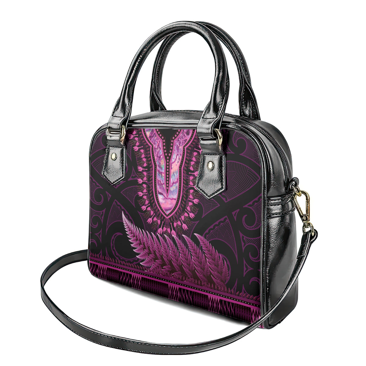 Pink African Dashiki With Aotearoa Maori Shoulder Handbag Paua Shell Mix Silver Fern LT14 - Polynesian Pride
