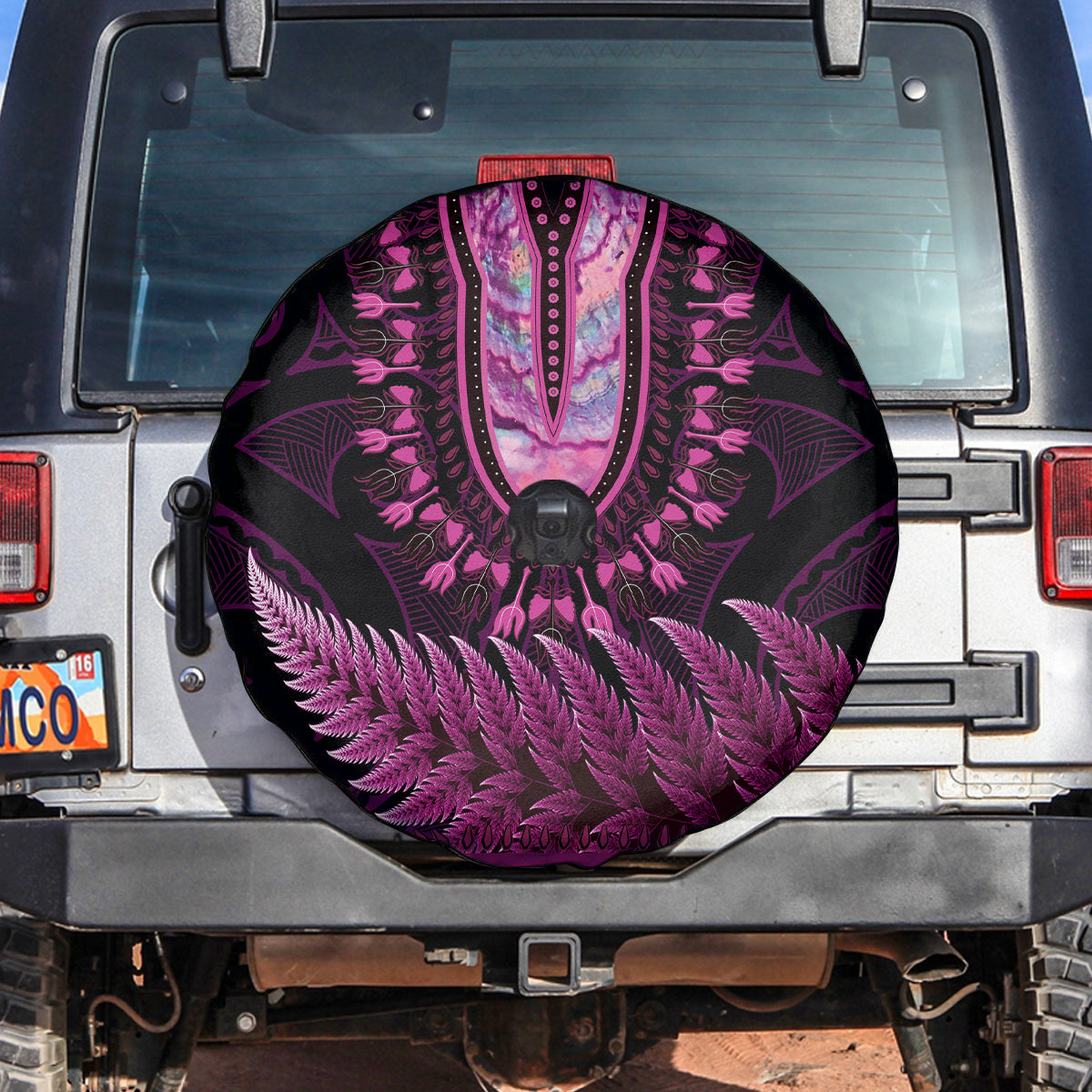 Pink African Dashiki With Aotearoa Maori Spare Tire Cover Paua Shell Mix Silver Fern