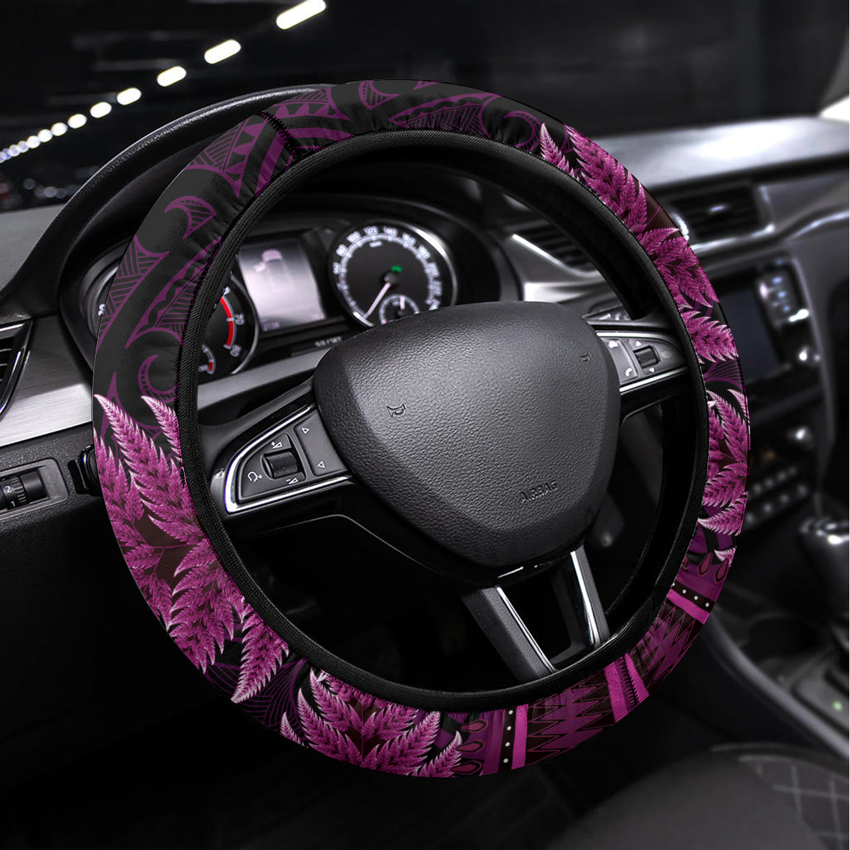 Pink African Dashiki With Aotearoa Maori Steering Wheel Cover Paua Shell Mix Silver Fern