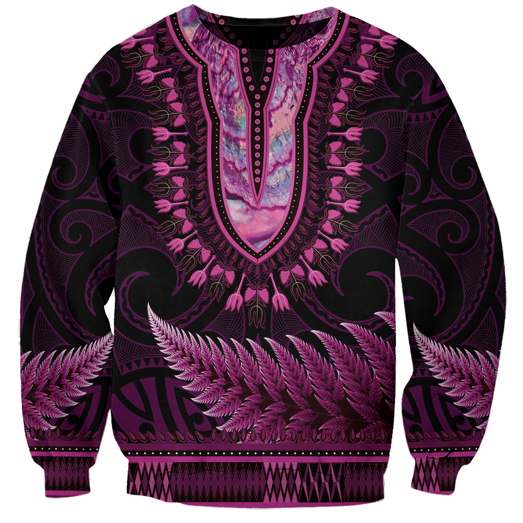 Pink African Dashiki With Aotearoa Maori Sweatshirt Paua Shell Mix Silver Fern