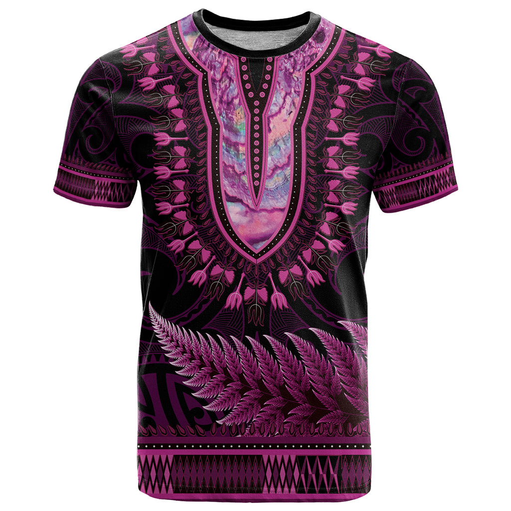 Pink African Dashiki With Aotearoa Maori T Shirt Paua Shell Mix Silver Fern