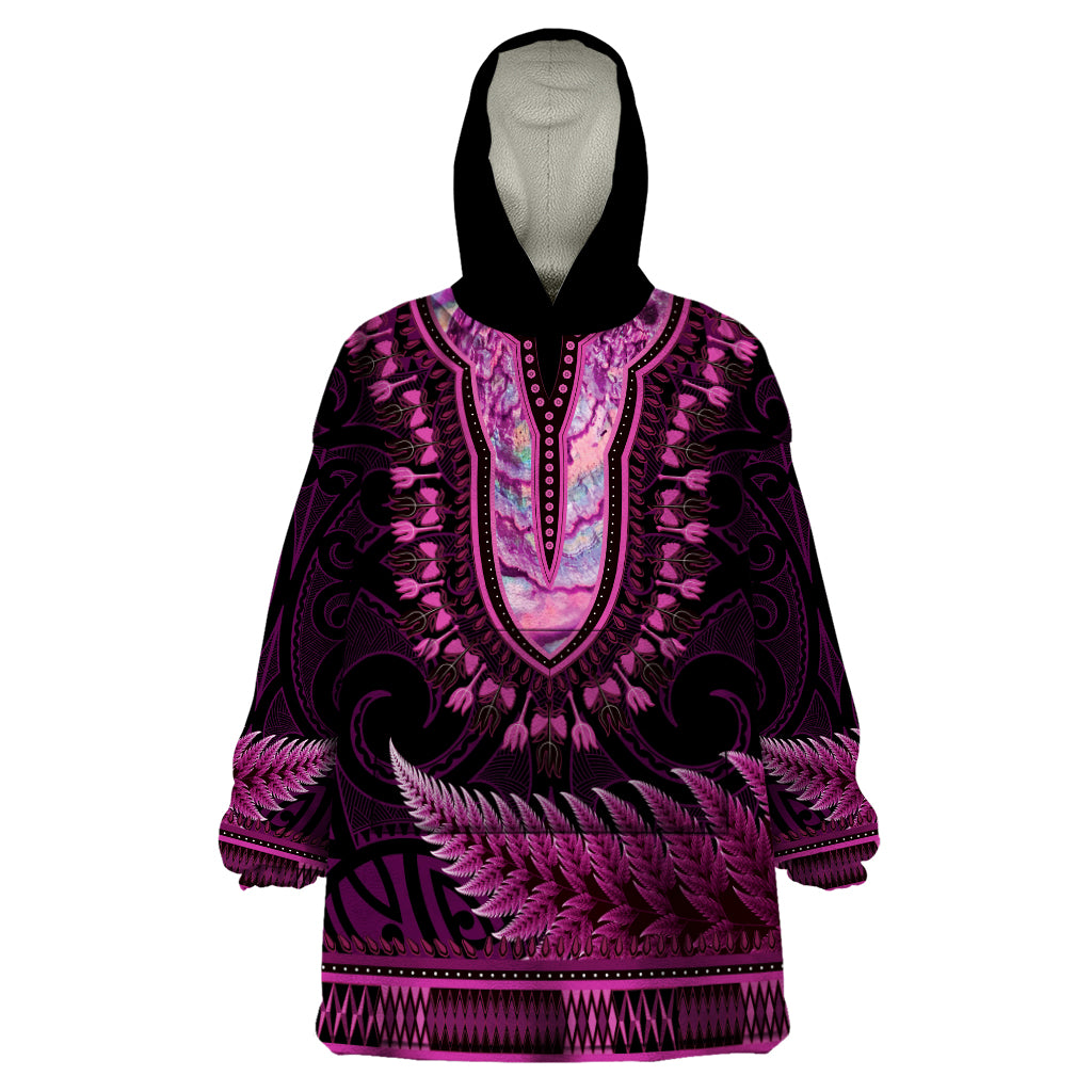 Pink African Dashiki With Aotearoa Maori Wearable Blanket Hoodie Paua Shell Mix Silver Fern