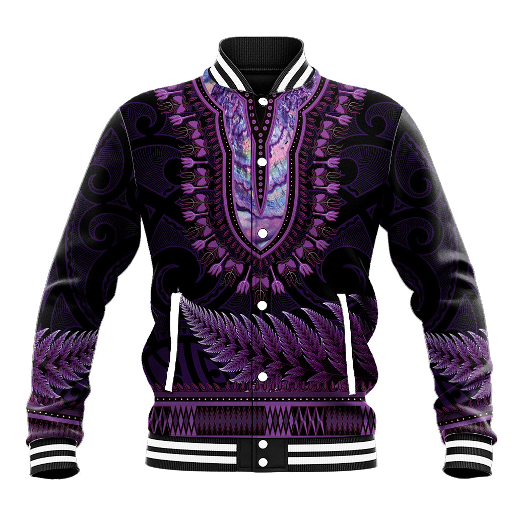 Purple African Dashiki With Aotearoa Maori Baseball Jacket Paua Shell Mix Silver Fern