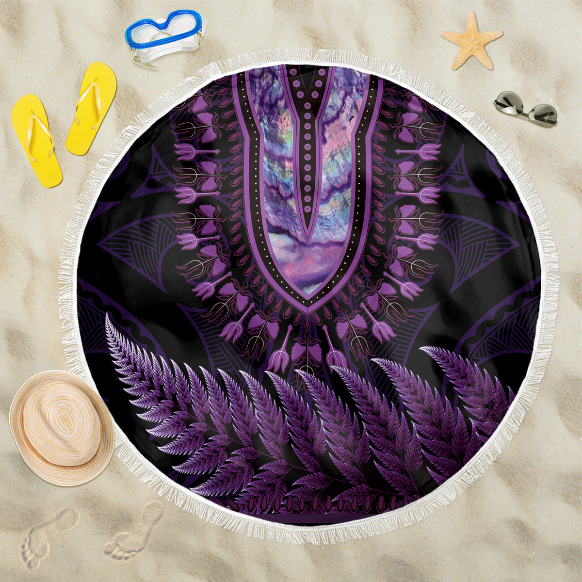 Purple African Dashiki With Aotearoa Maori Beach Blanket Paua Shell Mix Silver Fern