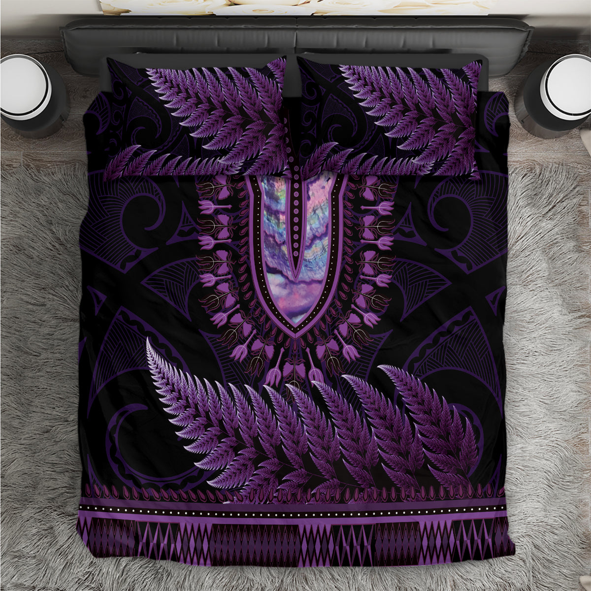 Purple African Dashiki With Aotearoa Maori Bedding Set Paua Shell Mix Silver Fern LT14 Purple - Polynesian Pride