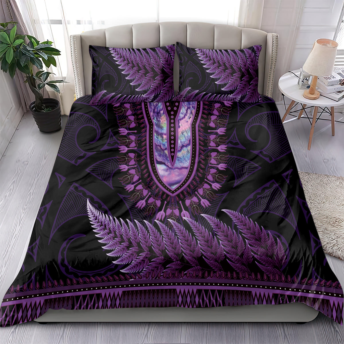 Purple African Dashiki With Aotearoa Maori Bedding Set Paua Shell Mix Silver Fern LT14 - Polynesian Pride