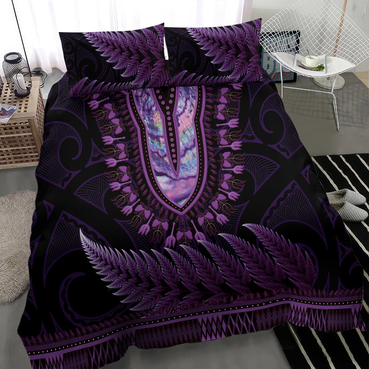 Purple African Dashiki With Aotearoa Maori Bedding Set Paua Shell Mix Silver Fern LT14 - Polynesian Pride