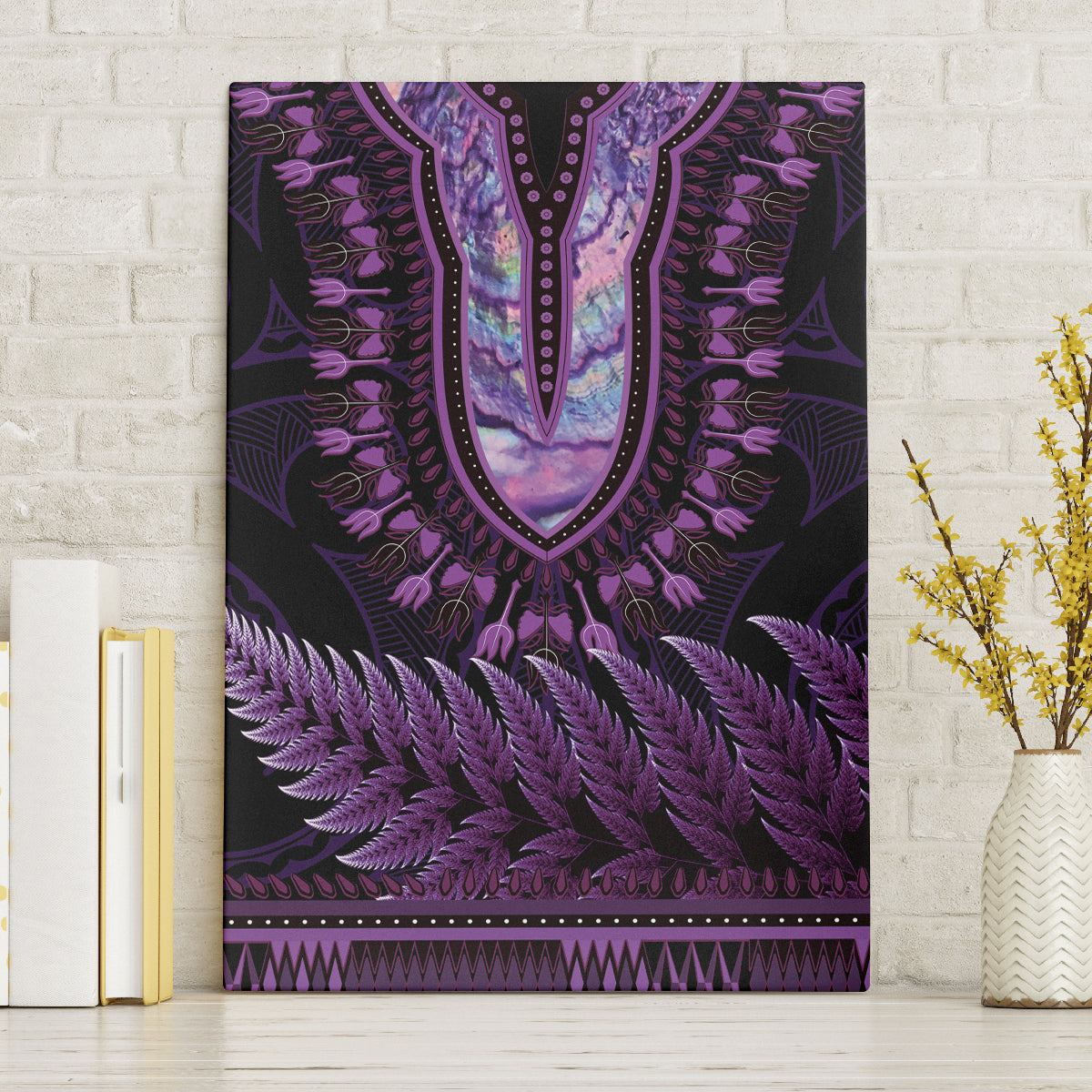 Purple African Dashiki With Aotearoa Maori Canvas Wall Art Paua Shell Mix Silver Fern