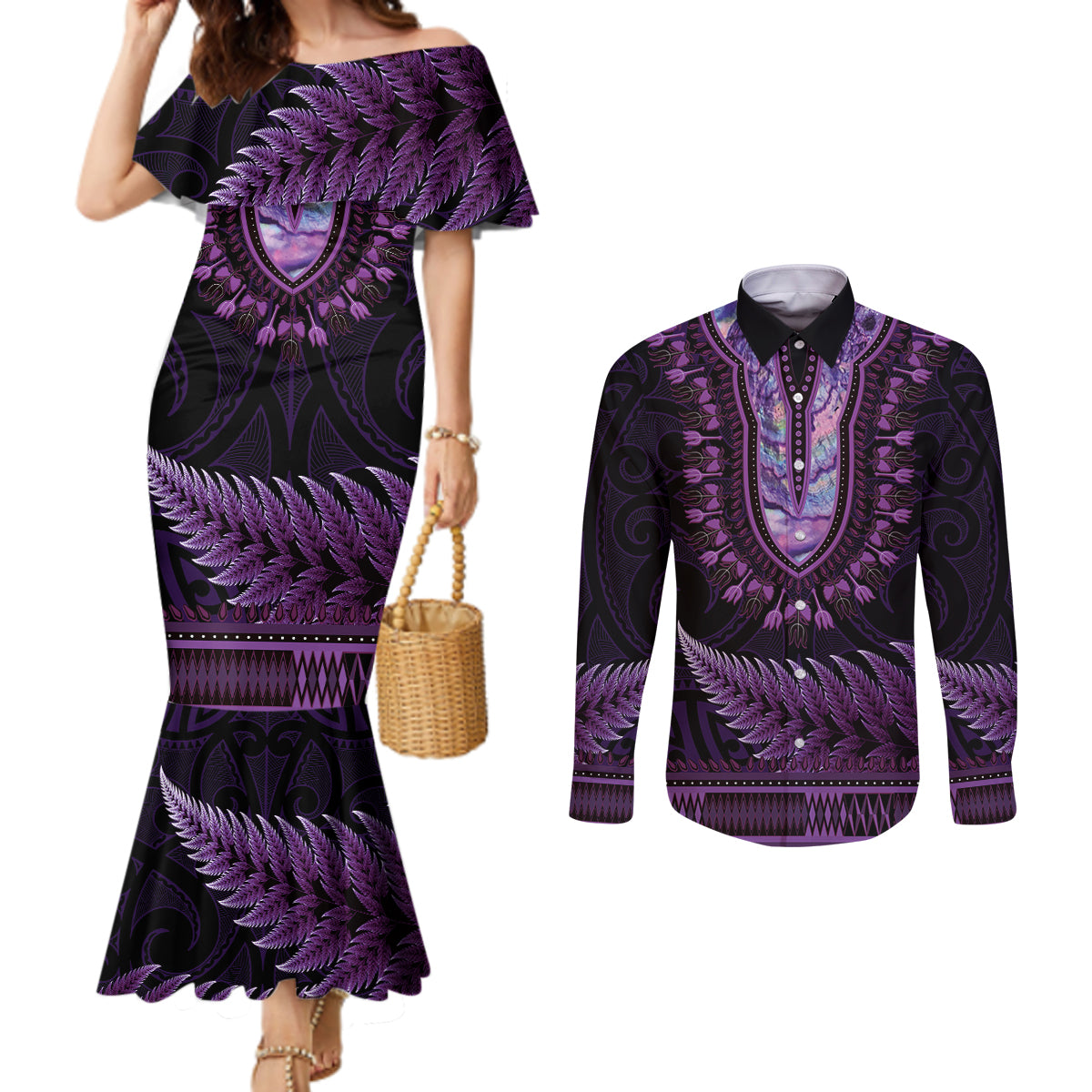 Purple African Dashiki With Aotearoa Maori Couples Matching Mermaid Dress and Long Sleeve Button Shirt Paua Shell Mix Silver Fern