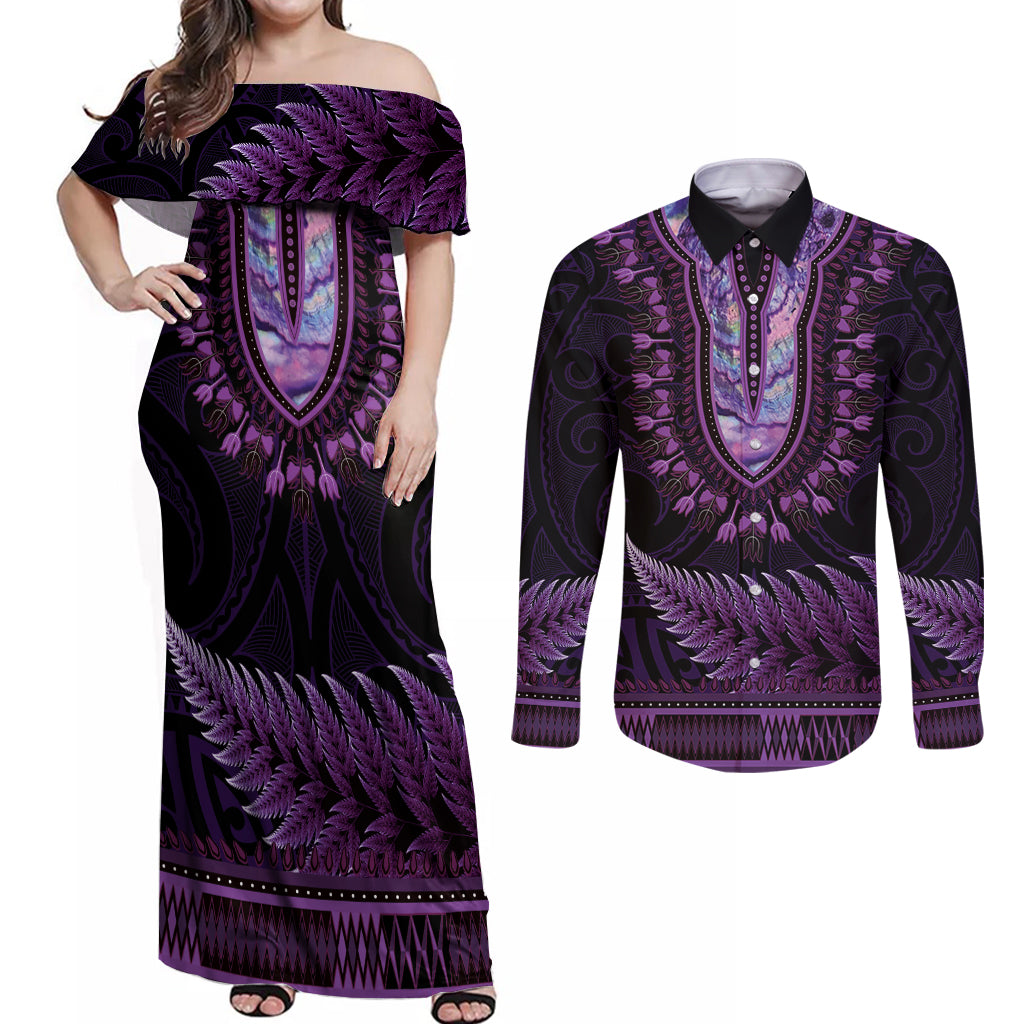 Purple African Dashiki With Aotearoa Maori Couples Matching Off Shoulder Maxi Dress and Long Sleeve Button Shirt Paua Shell Mix Silver Fern