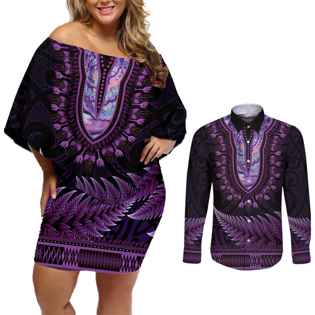 Purple African Dashiki With Aotearoa Maori Couples Matching Off Shoulder Short Dress and Long Sleeve Button Shirt Paua Shell Mix Silver Fern