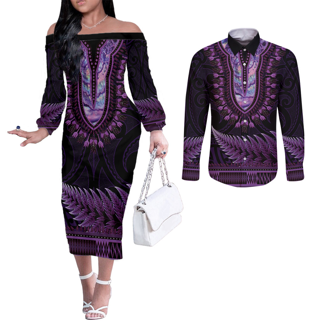 Purple African Dashiki With Aotearoa Maori Couples Matching Off The Shoulder Long Sleeve Dress and Long Sleeve Button Shirt Paua Shell Mix Silver Fern