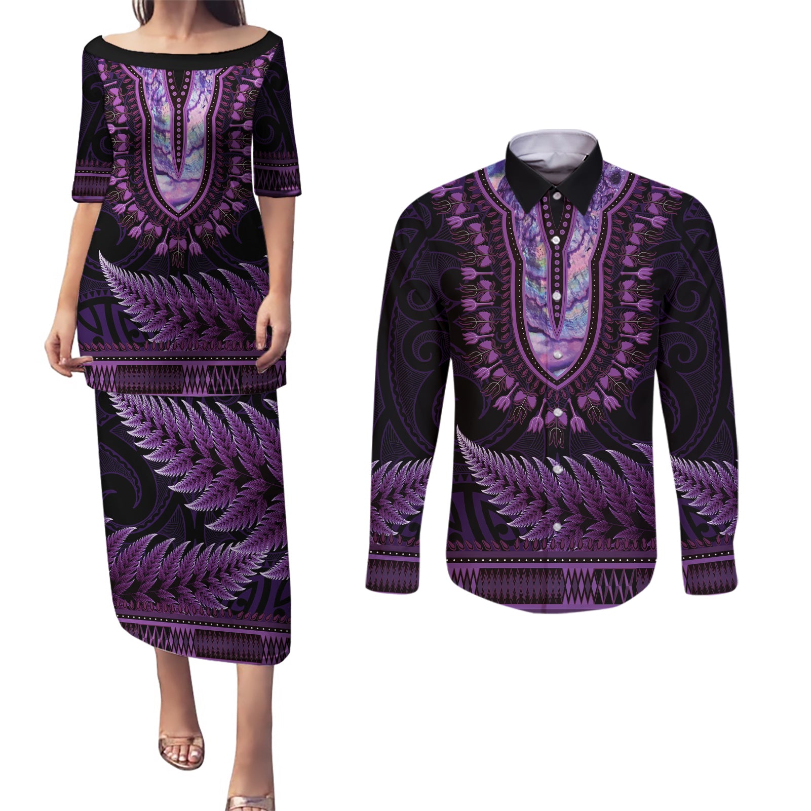 Purple African Dashiki With Aotearoa Maori Couples Matching Puletasi and Long Sleeve Button Shirt Paua Shell Mix Silver Fern