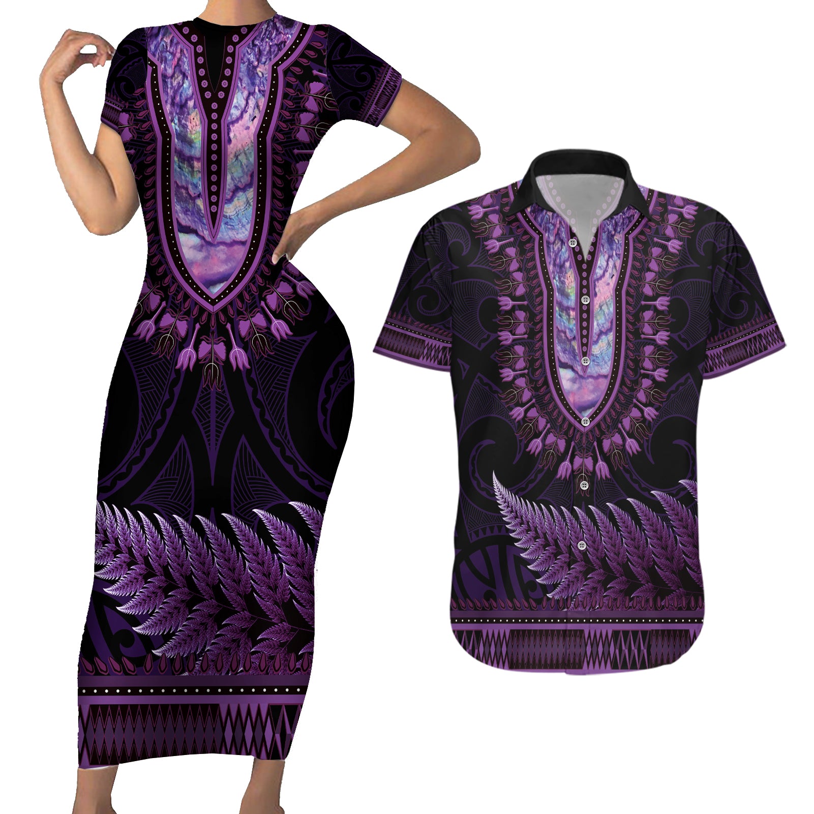 Purple African Dashiki With Aotearoa Maori Couples Matching Short Sleeve Bodycon Dress and Hawaiian Shirt Paua Shell Mix Silver Fern