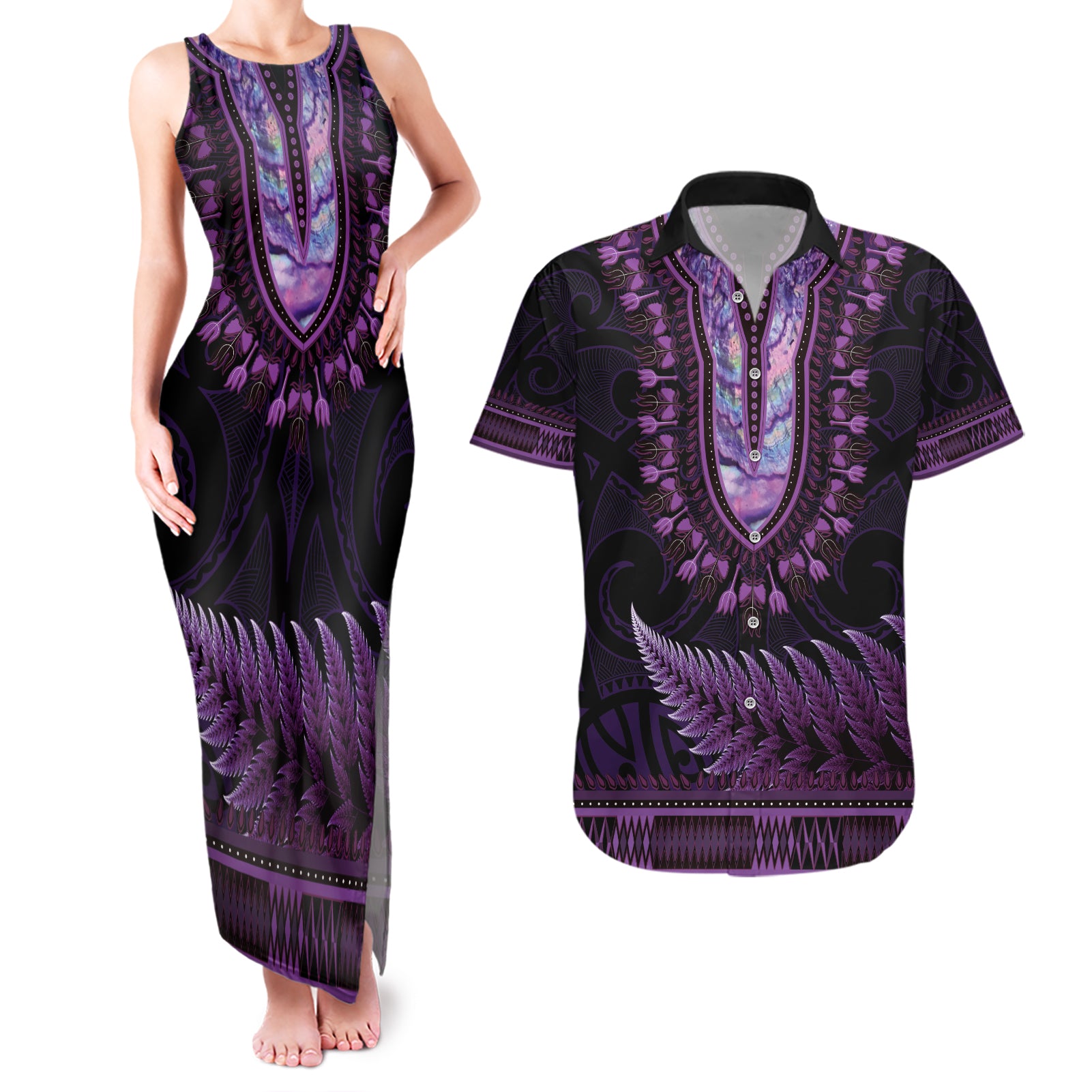 Purple African Dashiki With Aotearoa Maori Couples Matching Tank Maxi Dress and Hawaiian Shirt Paua Shell Mix Silver Fern