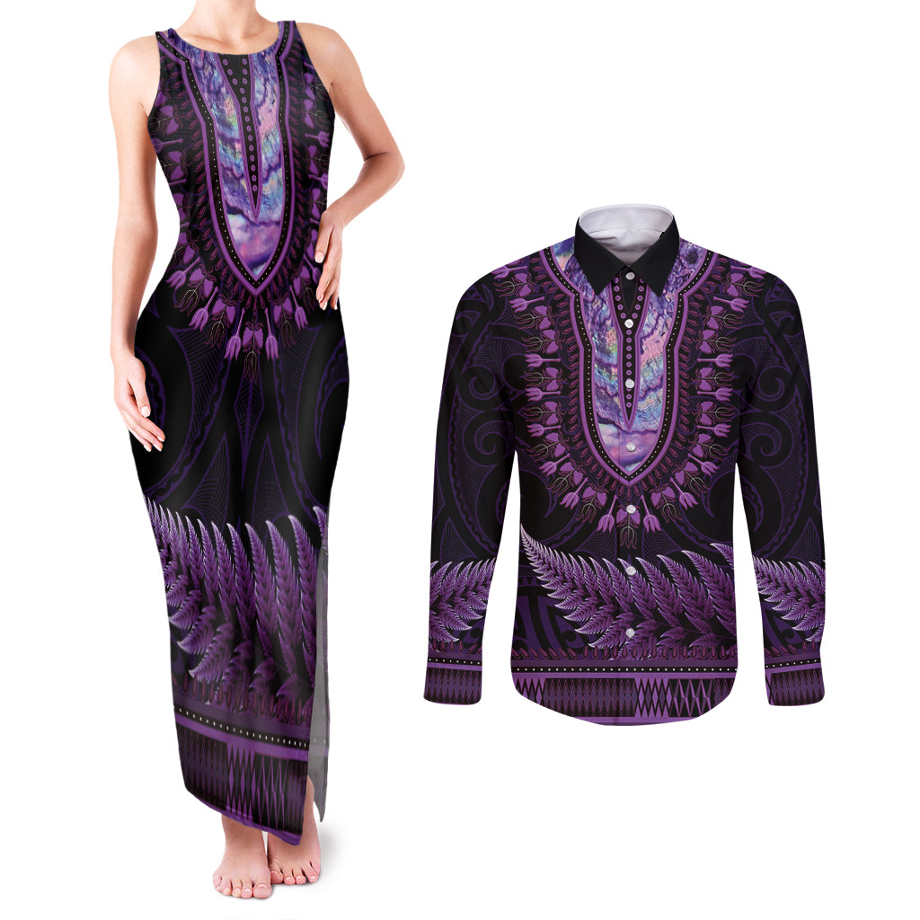 Purple African Dashiki With Aotearoa Maori Couples Matching Tank Maxi Dress and Long Sleeve Button Shirt Paua Shell Mix Silver Fern