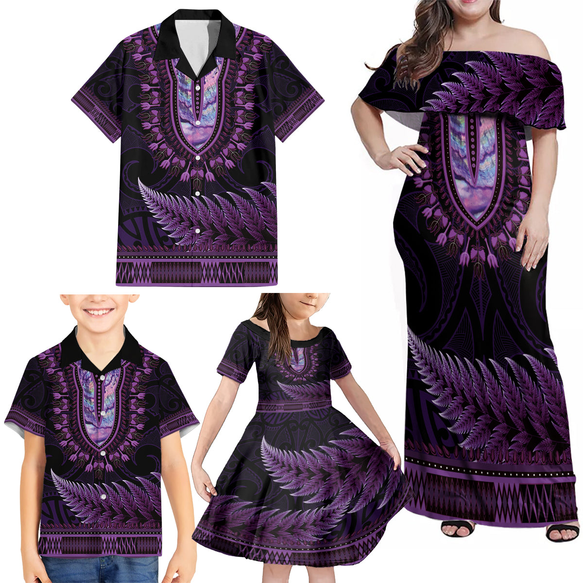 Purple African Dashiki With Aotearoa Maori Family Matching Off Shoulder Maxi Dress and Hawaiian Shirt Paua Shell Mix Silver Fern