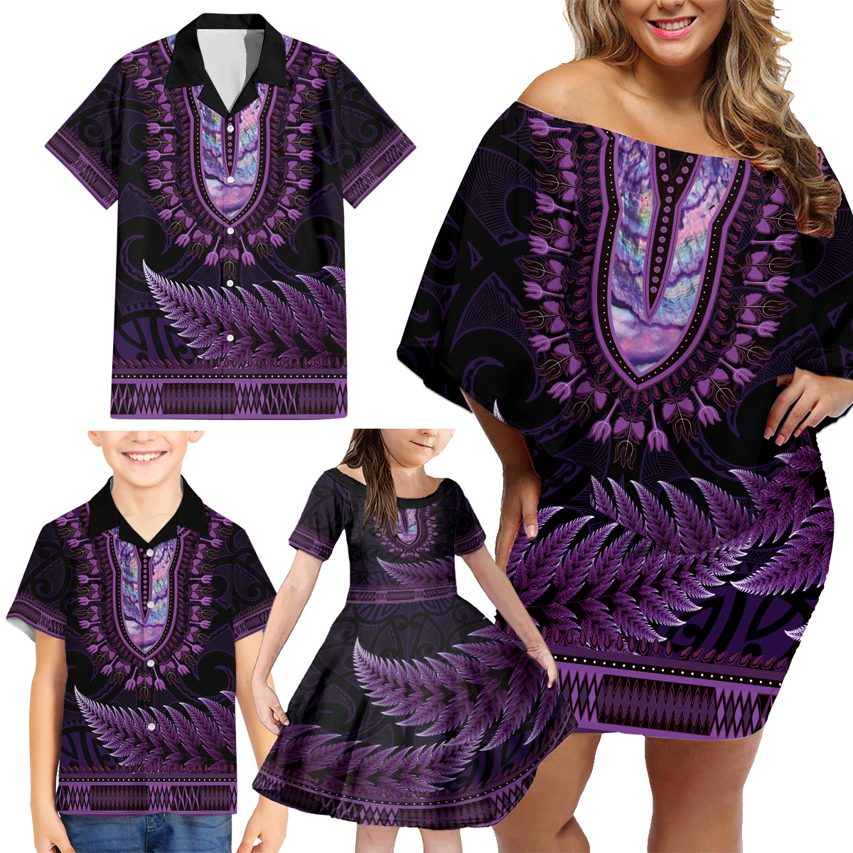 Purple African Dashiki With Aotearoa Maori Family Matching Off Shoulder Short Dress and Hawaiian Shirt Paua Shell Mix Silver Fern