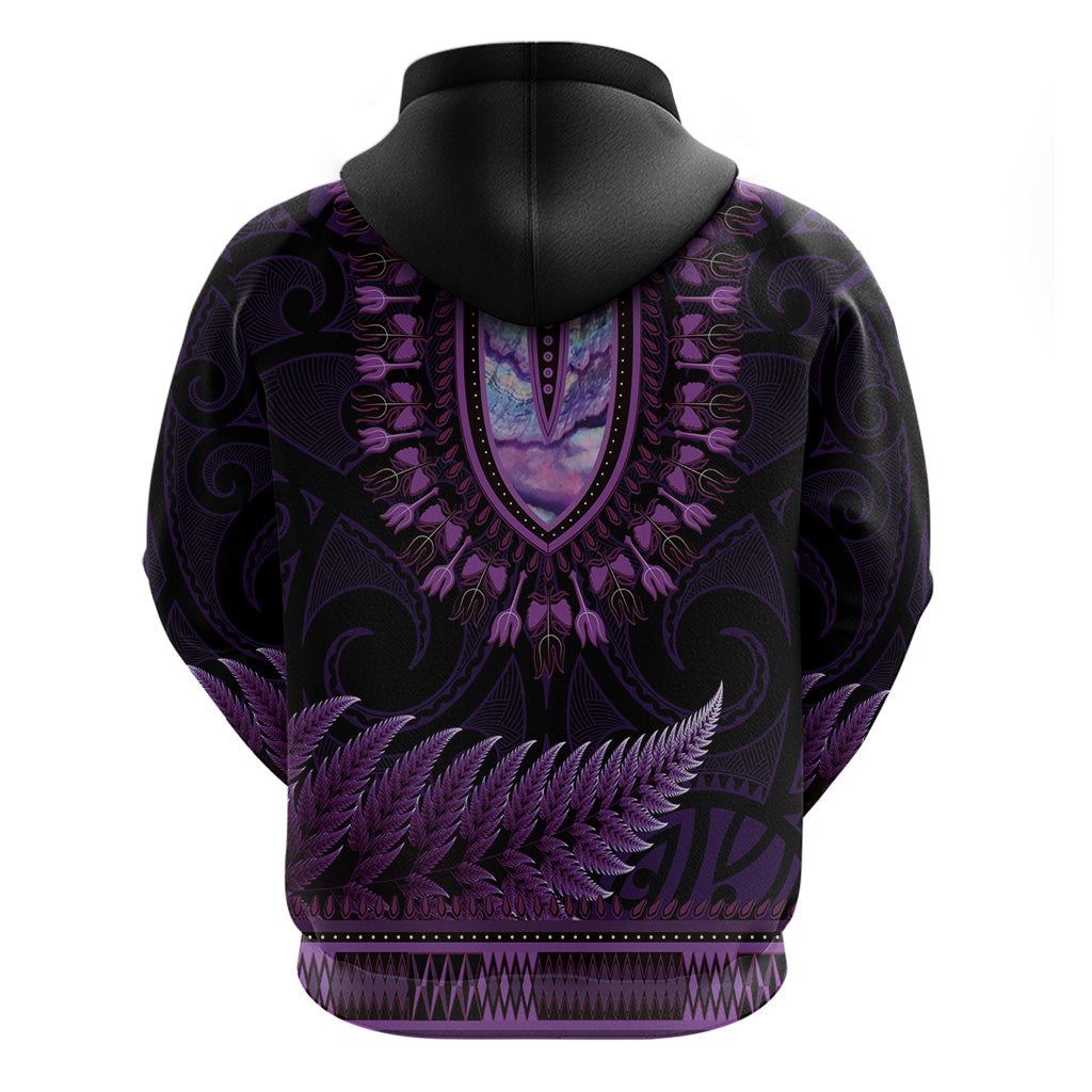 Purple African Dashiki With Aotearoa Maori Hoodie Paua Shell Mix Silver Fern LT14 - Polynesian Pride