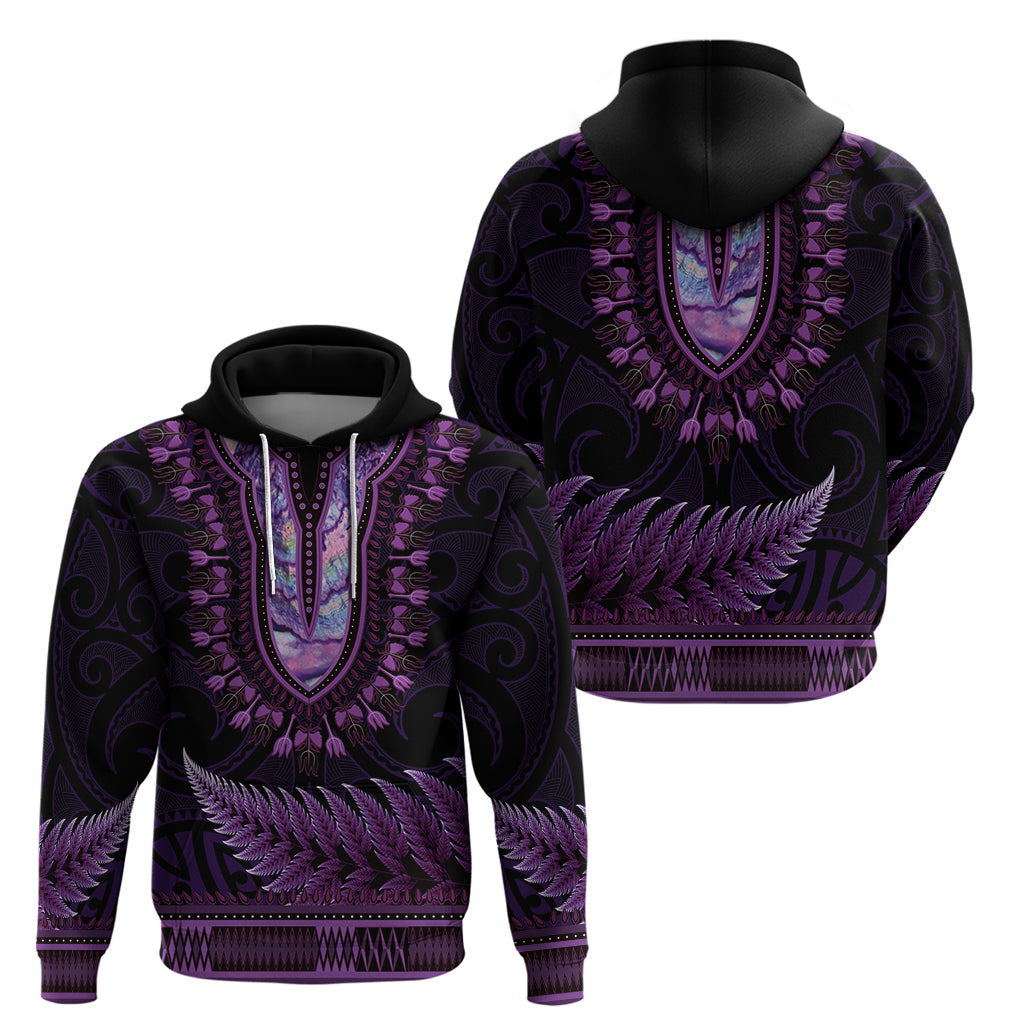 Purple African Dashiki With Aotearoa Maori Hoodie Paua Shell Mix Silver Fern LT14 - Polynesian Pride