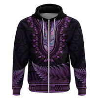 Purple African Dashiki With Aotearoa Maori Hoodie Paua Shell Mix Silver Fern LT14 Zip Hoodie Purple - Polynesian Pride