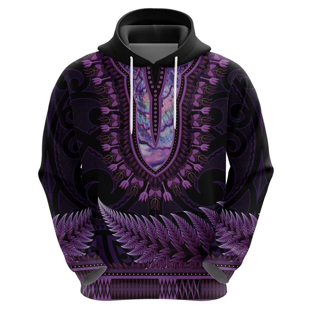 Purple African Dashiki With Aotearoa Maori Hoodie Paua Shell Mix Silver Fern LT14 - Polynesian Pride