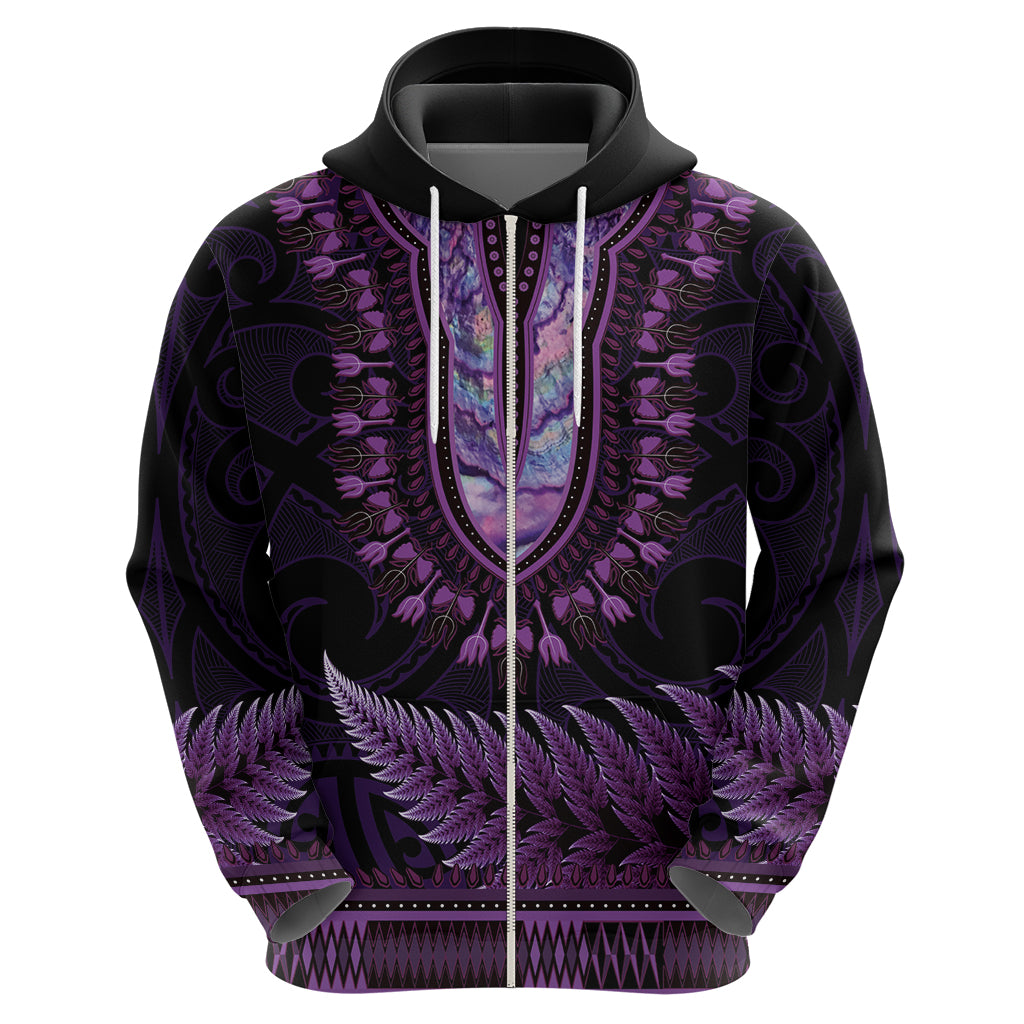 Purple African Dashiki With Aotearoa Maori Hoodie Paua Shell Mix Silver Fern LT14 - Polynesian Pride