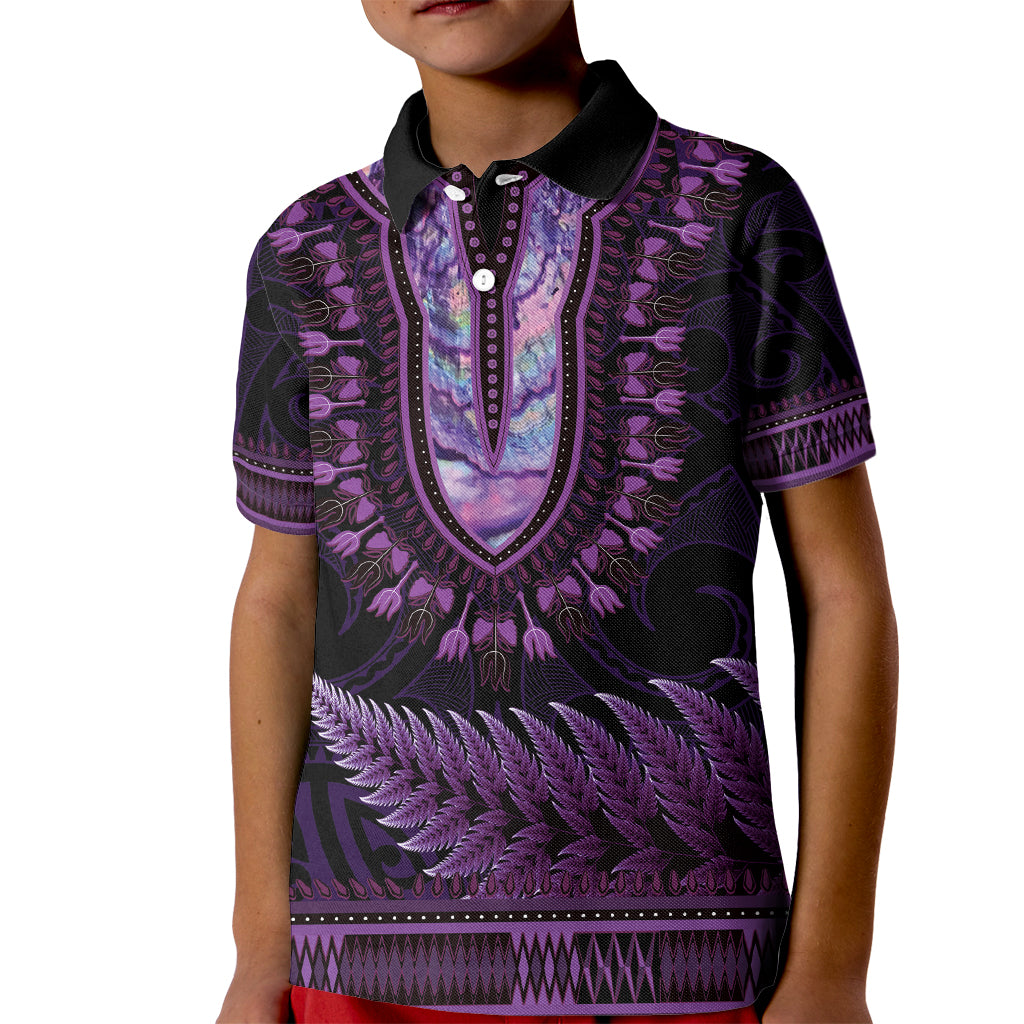 Purple African Dashiki With Aotearoa Maori Kid Polo Shirt Paua Shell Mix Silver Fern