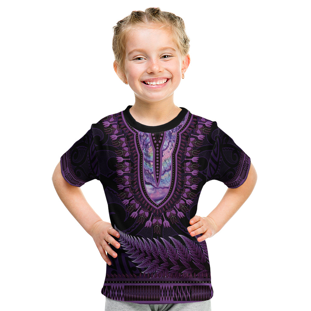 Purple African Dashiki With Aotearoa Maori Kid T Shirt Paua Shell Mix Silver Fern