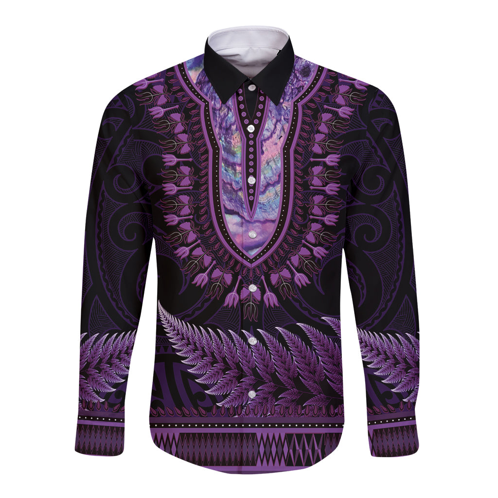 Purple African Dashiki With Aotearoa Maori Long Sleeve Button Shirt Paua Shell Mix Silver Fern