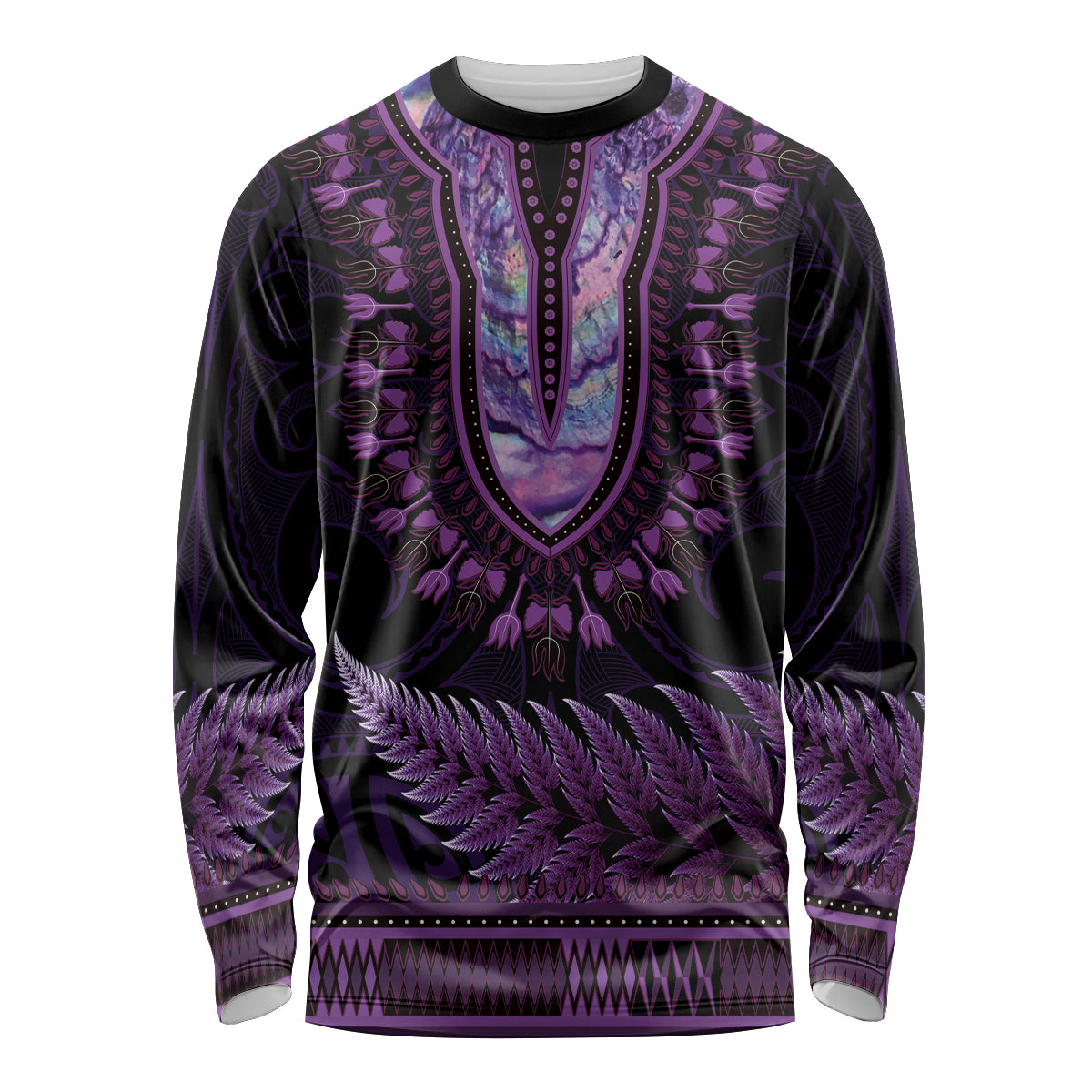 Purple African Dashiki With Aotearoa Maori Long Sleeve Shirt Paua Shell Mix Silver Fern