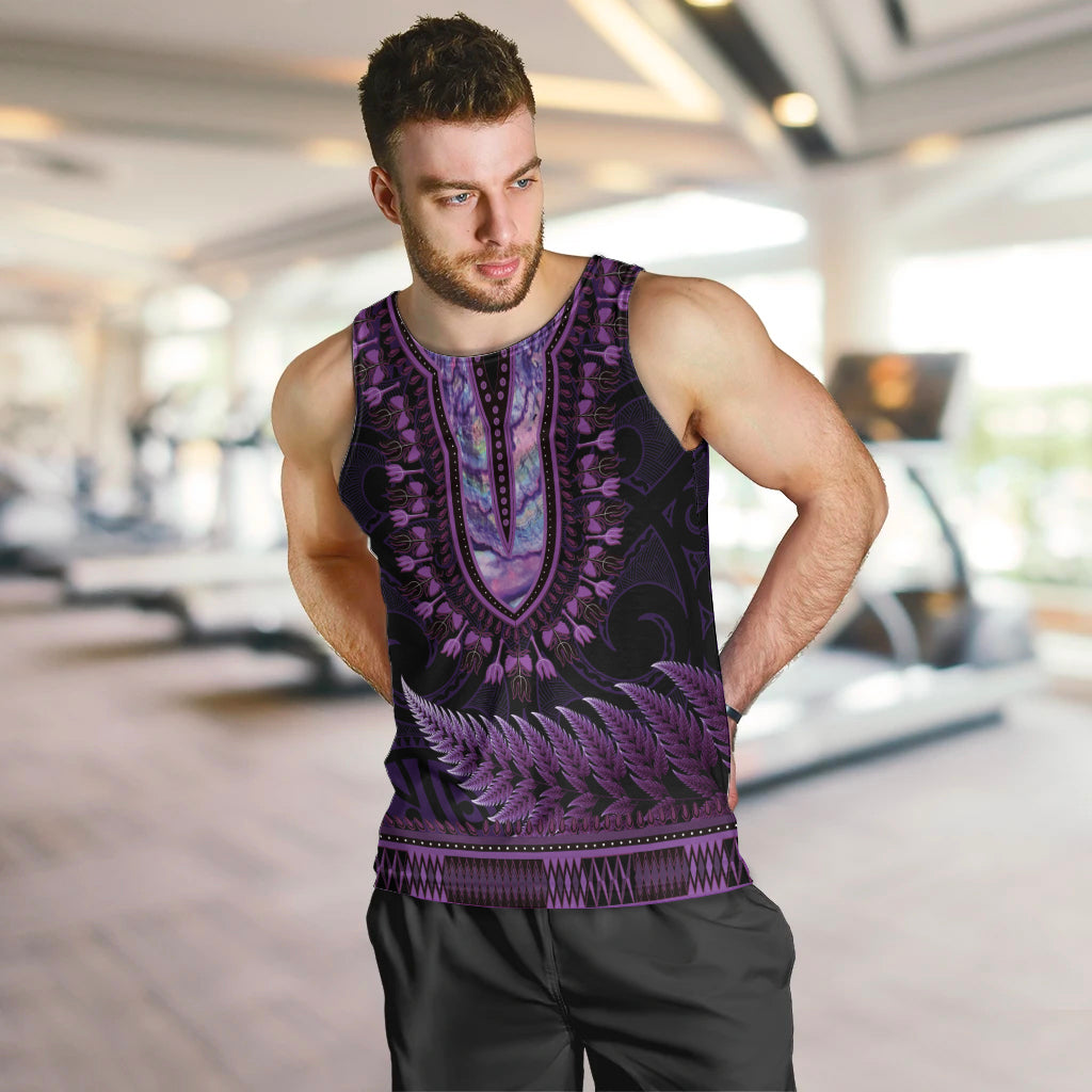 Purple African Dashiki With Aotearoa Maori Men Tank Top Paua Shell Mix Silver Fern