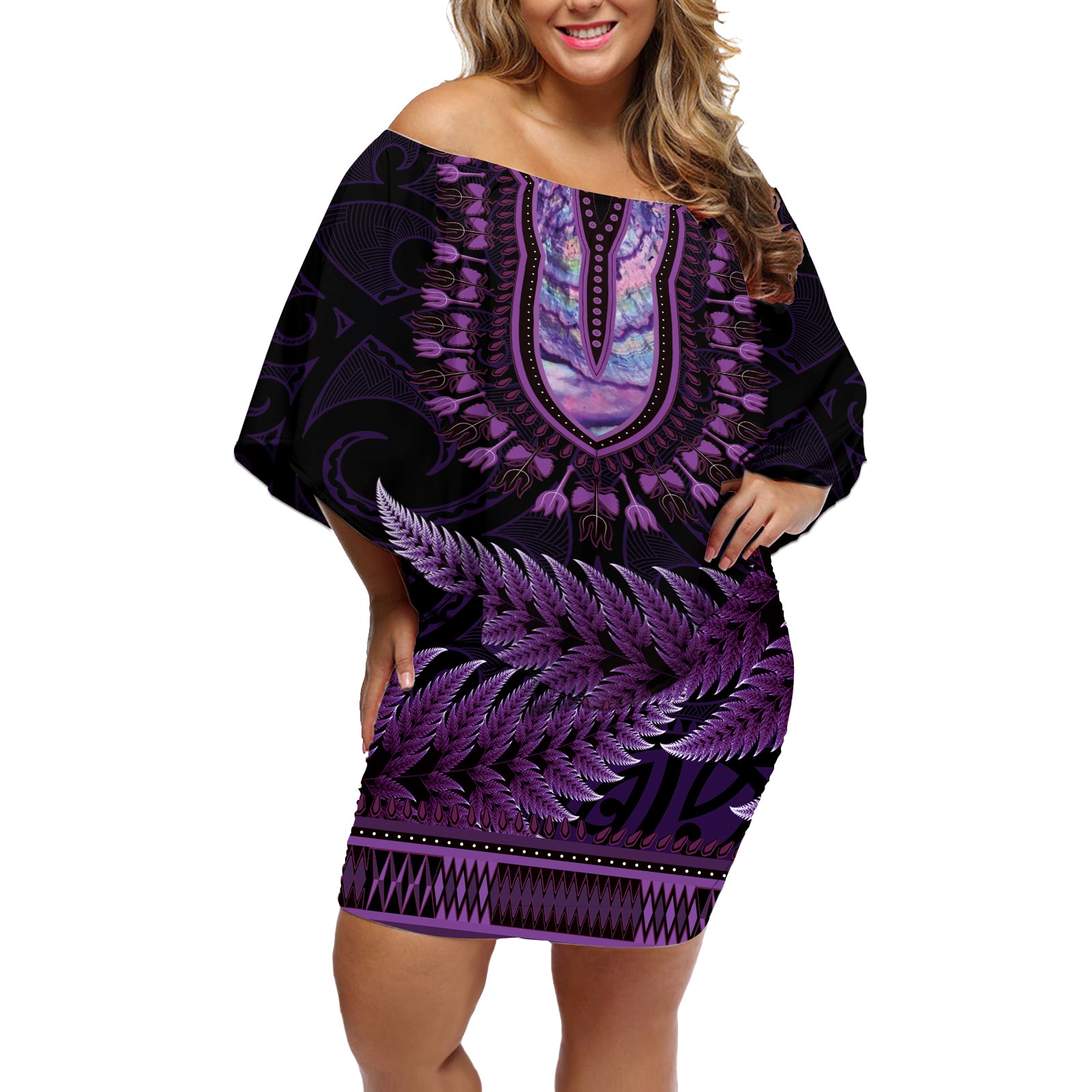 Purple African Dashiki With Aotearoa Maori Off Shoulder Short Dress Paua Shell Mix Silver Fern