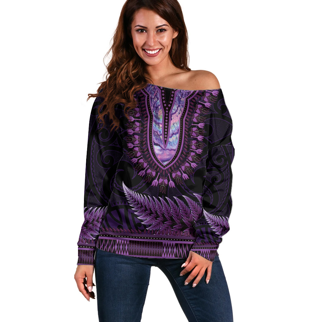 Purple African Dashiki With Aotearoa Maori Off Shoulder Sweater Paua Shell Mix Silver Fern