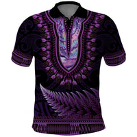 Purple African Dashiki With Aotearoa Maori Polo Shirt Paua Shell Mix Silver Fern LT14 Purple - Polynesian Pride