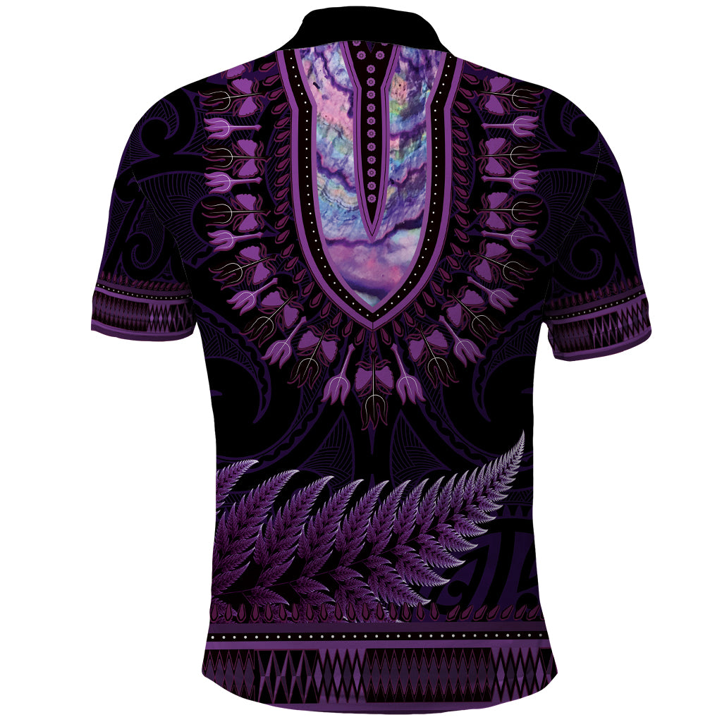 Purple African Dashiki With Aotearoa Maori Polo Shirt Paua Shell Mix Silver Fern LT14 - Polynesian Pride