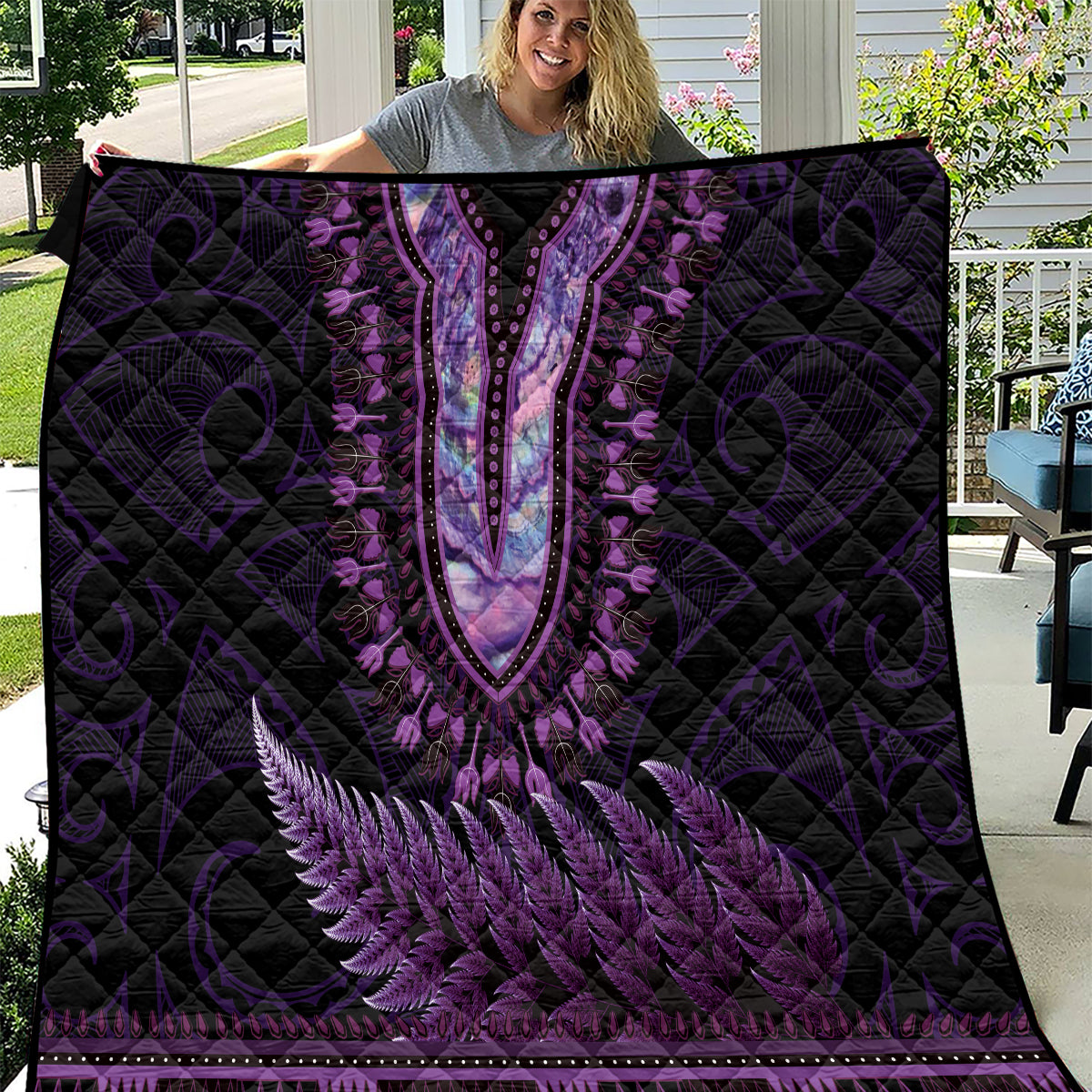 Purple African Dashiki With Aotearoa Maori Quilt Paua Shell Mix Silver Fern