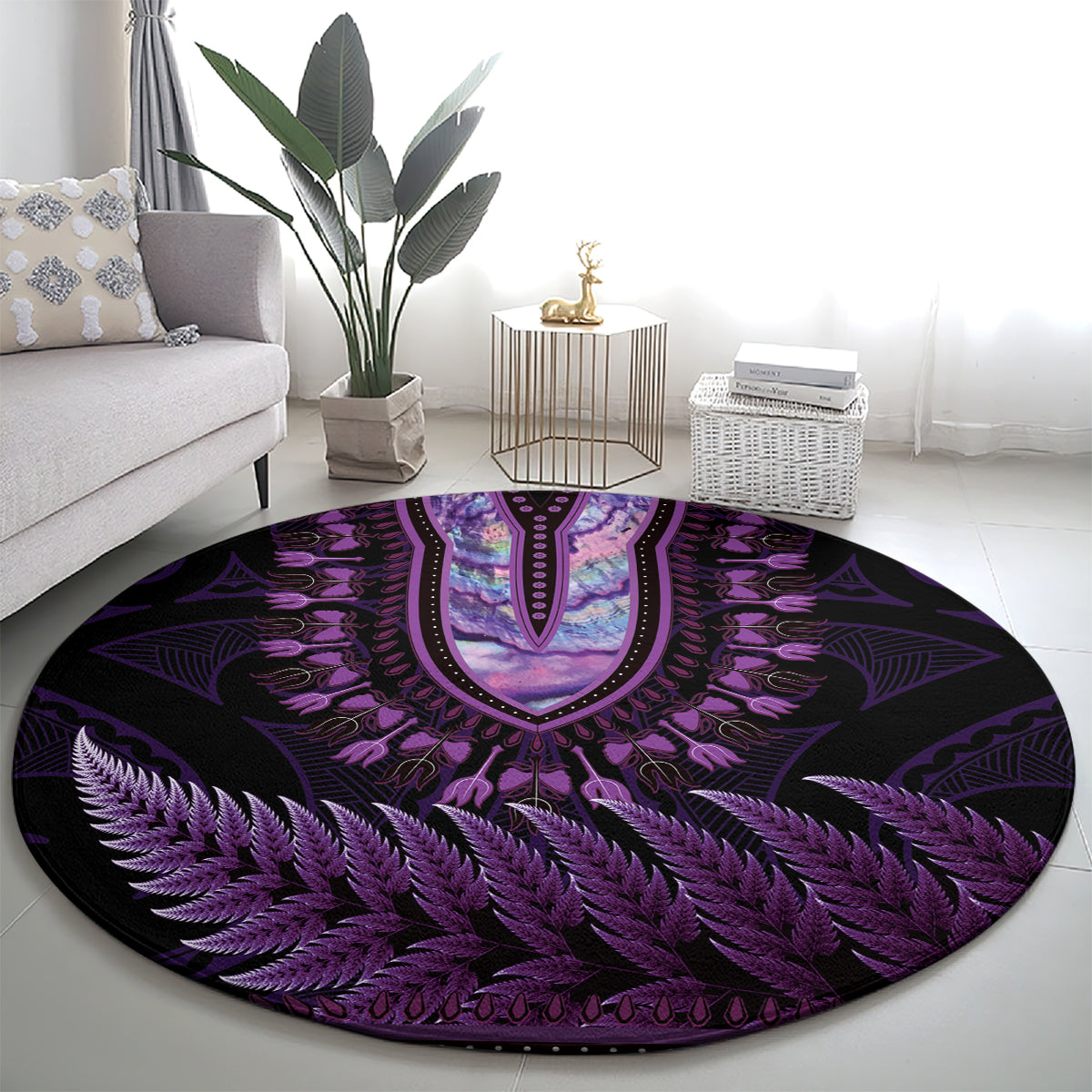 Purple African Dashiki With Aotearoa Maori Round Carpet Paua Shell Mix Silver Fern LT14 - Polynesian Pride