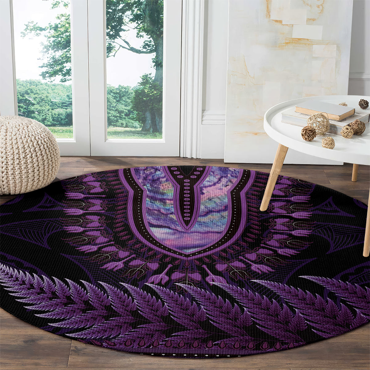 Purple African Dashiki With Aotearoa Maori Round Carpet Paua Shell Mix Silver Fern LT14 - Polynesian Pride