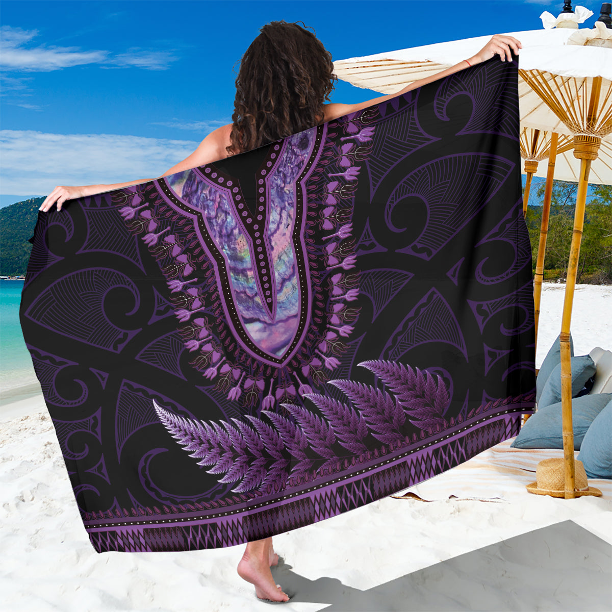 Purple African Dashiki With Aotearoa Maori Sarong Paua Shell Mix Silver Fern