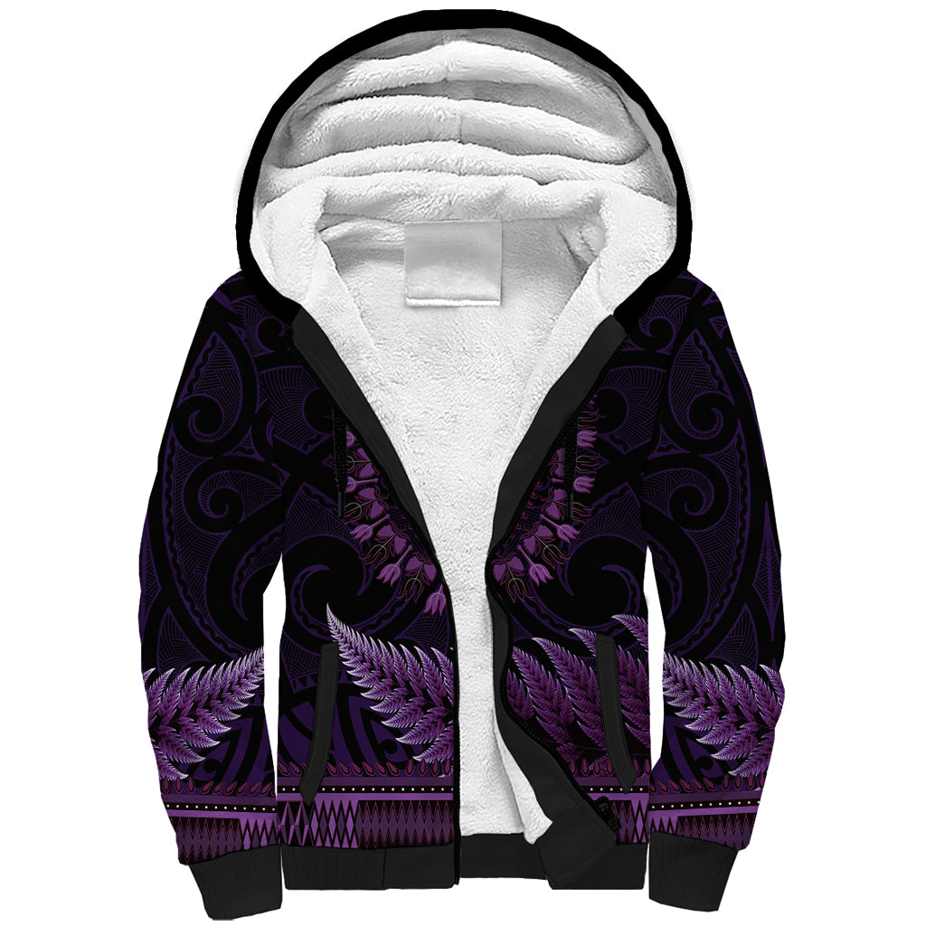 Purple African Dashiki With Aotearoa Maori Sherpa Hoodie Paua Shell Mix Silver Fern