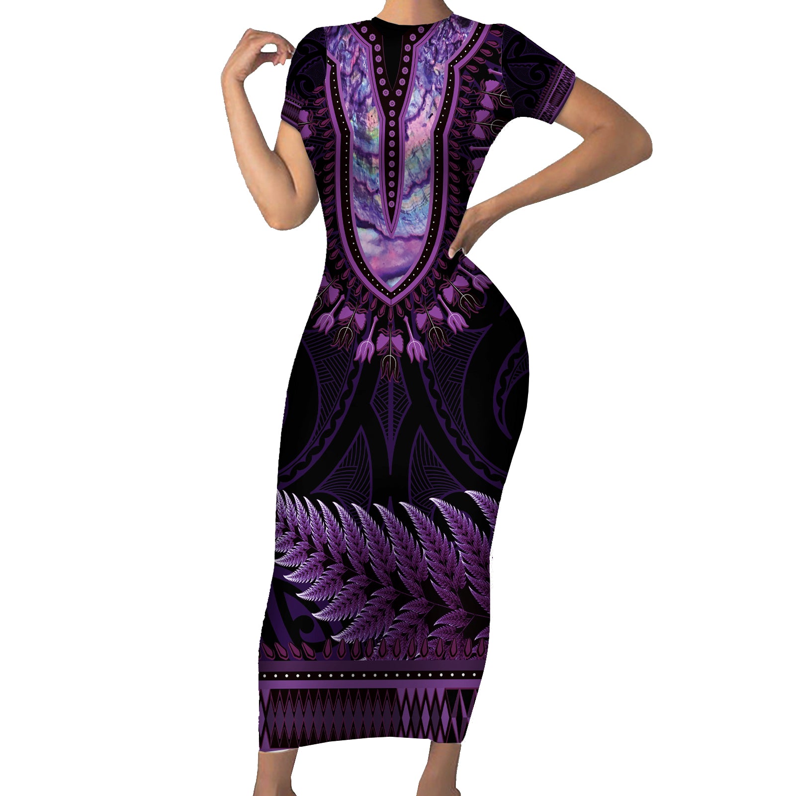 Purple African Dashiki With Aotearoa Maori Short Sleeve Bodycon Dress Paua Shell Mix Silver Fern