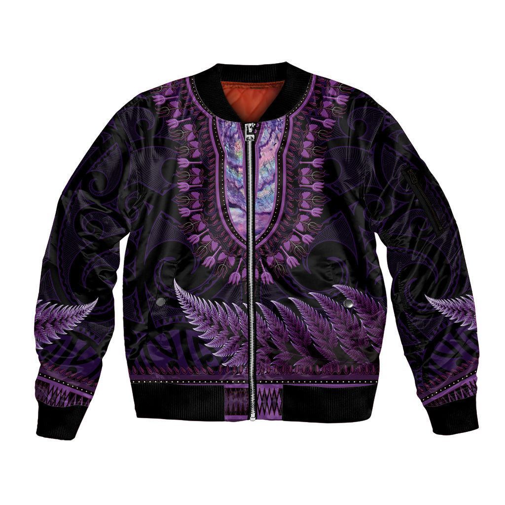 Purple African Dashiki With Aotearoa Maori Sleeve Zip Bomber Jacket Paua Shell Mix Silver Fern