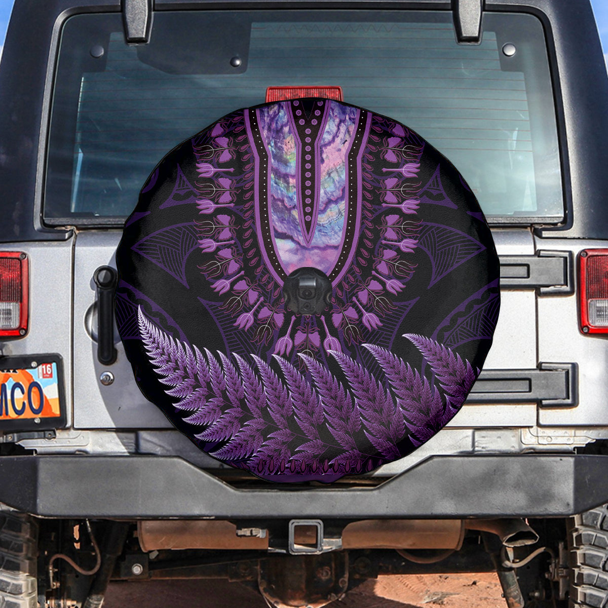 Purple African Dashiki With Aotearoa Maori Spare Tire Cover Paua Shell Mix Silver Fern