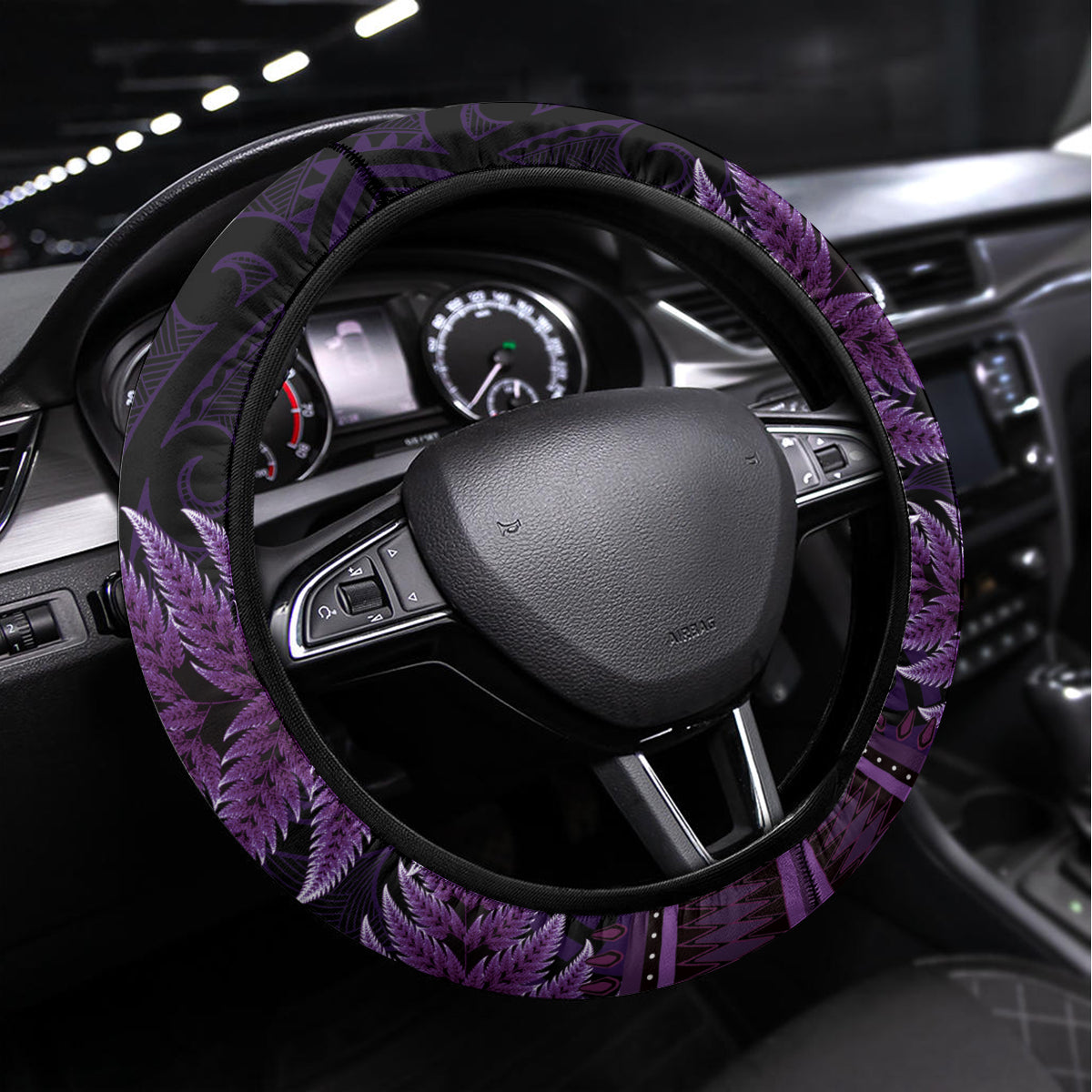 Purple African Dashiki With Aotearoa Maori Steering Wheel Cover Paua Shell Mix Silver Fern