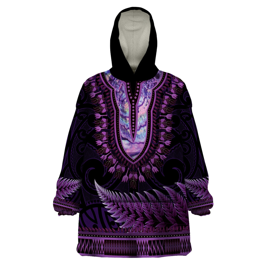 Purple African Dashiki With Aotearoa Maori Wearable Blanket Hoodie Paua Shell Mix Silver Fern